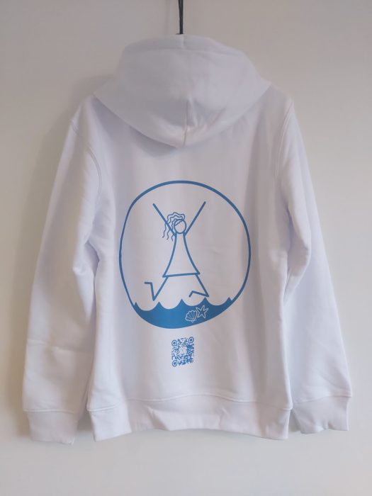 White adult's hoodie, back with QR code
